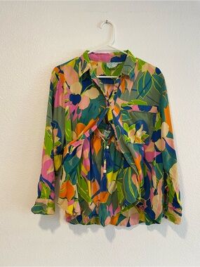 Bright Floral Button-Front Blouse and Short Set